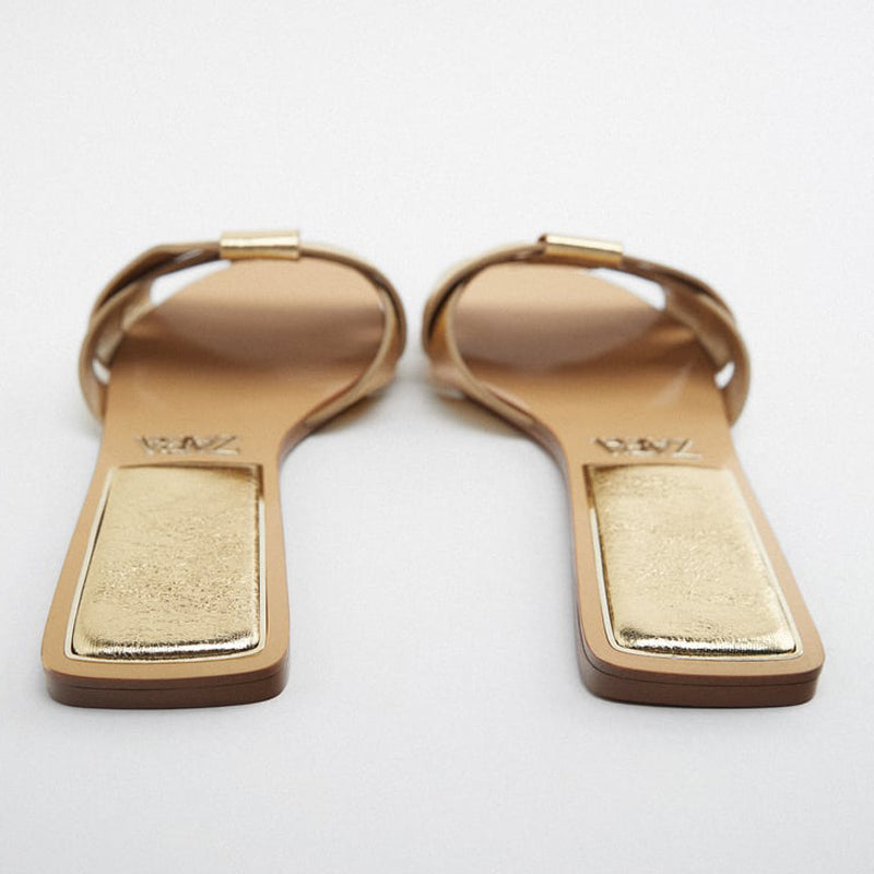 Casual Women's Gold Open Toe Leather Flat Sandals