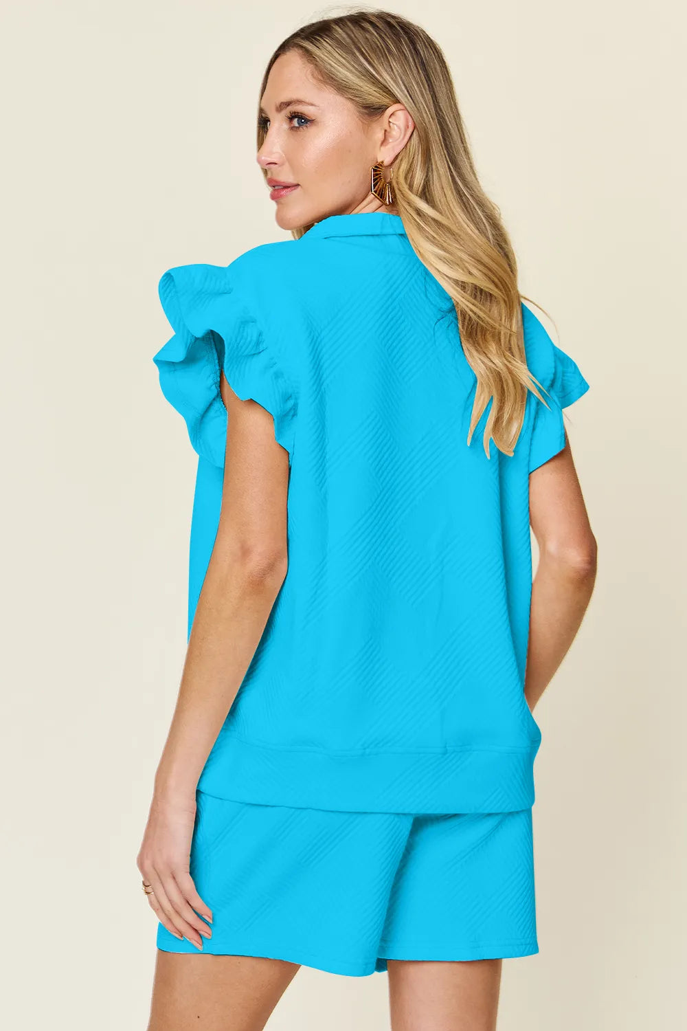 Flounce Sleeve Top and Drawstring Shorts Set - GT Elegance