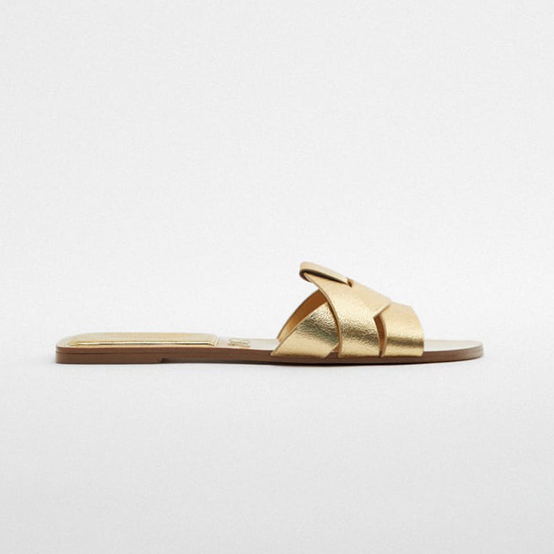 Casual Women's Gold Open Toe Leather Flat Sandals