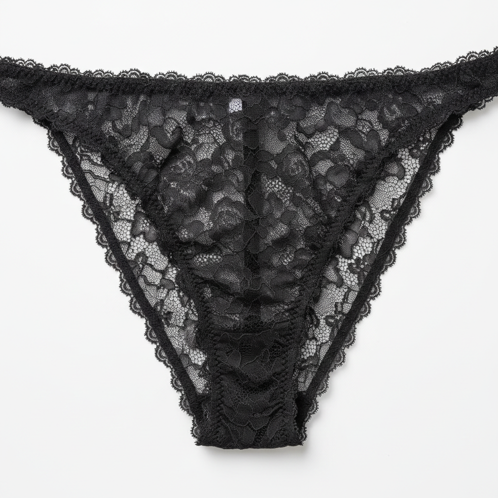 Women's black lace bikini brief flat lay showing intricate lace and net mesh detail