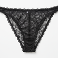 Women's black lace bikini brief flat lay showing intricate lace and net mesh detail