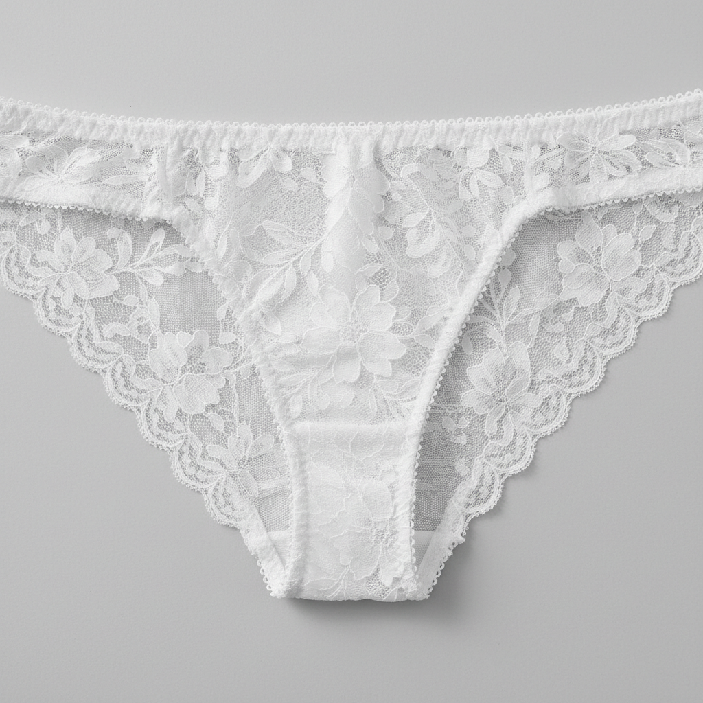 Women's white lace bikini brief flat lay showing intricate lace and net mesh detail