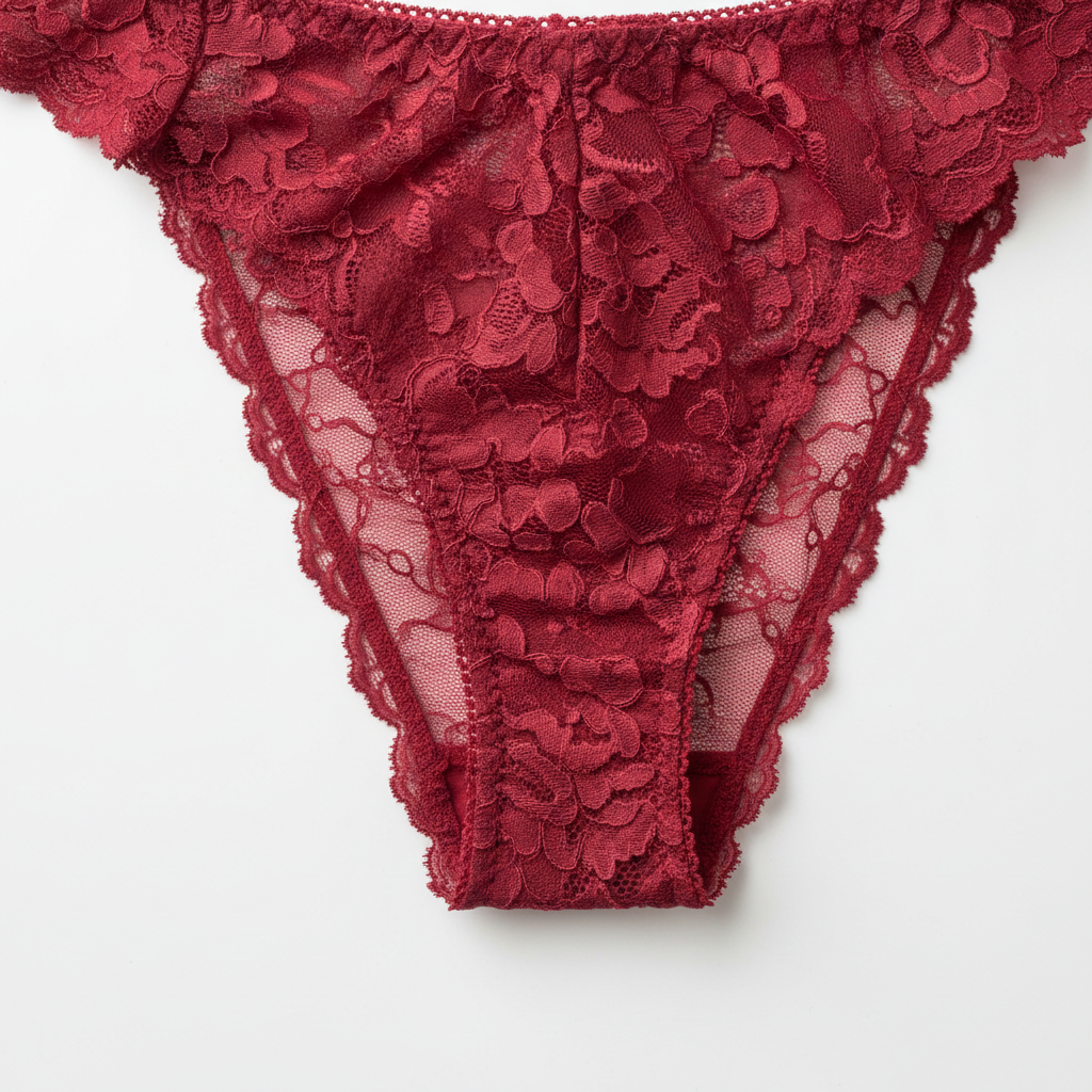 Women's red lace bikini brief flat lay showing intricate lace and net mesh detail